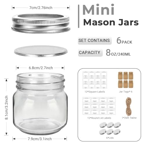 8oz Glass Mason Jars, 6 Pack with Labels, Perfect for Spices and Candies
