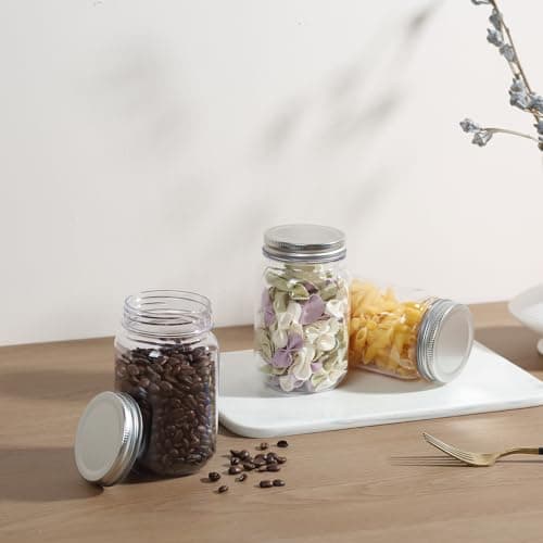 Novelinks 16 oz Clear Plastic Mason Jars with Silver Lids – Reusable Food Storage Containers with Lids, BPA-Free, Leakproof, Pantry and Kitchen Storage, DIY Crafts – 8 Pack