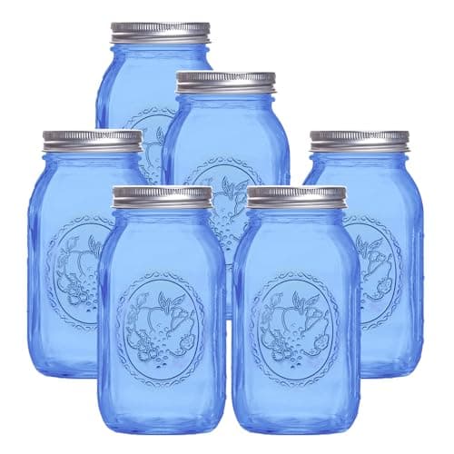 ElegantTime 32 oz Blue Glass Mason Jars, 6 Pack for Canning & Storage