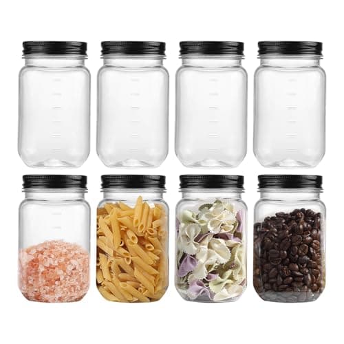 Novelinks 16 oz Clear Plastic Mason Jars with Silver Lids – Reusable Food Storage Containers with Lids, BPA-Free, Leakproof, Pantry and Kitchen Storage, DIY Crafts – 8 Pack — Black