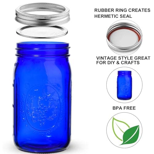 Eleganttime Blue Mason Jars Wide Mouth, 6 Pack Cobalt Blue Colored Mason Jars 32 oz for Canning and Pickling, Storage, DIY Crafts & Décor  
Eleganttime Blue Mason Jars Wide Mouth, 6 Pack Cobalt Blue Colored Mason Jars 32 oz for Home Organization, Can