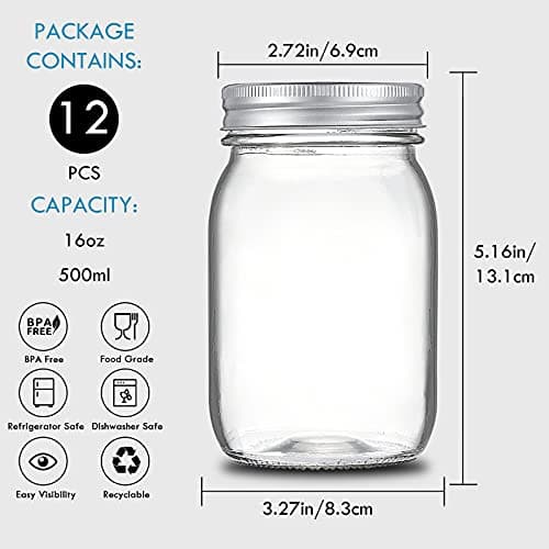 YEBODA 12-Pack 16 oz Wide Mouth Glass Canning Jars with Airtight Lids