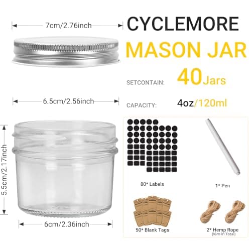 CycleMore 40 Pack 4oz Clear Mason Jars with Silver Lids, Spice Bottles for Honey & Jam