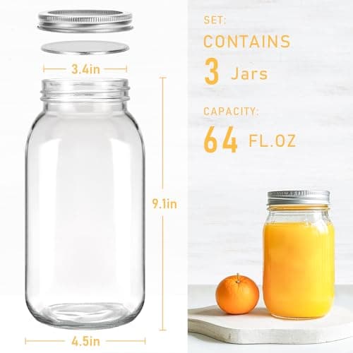 Wide Mouth 64oz Glass Mason Jars, 3 Pack Airtight Lid, Perfect for Canning & Preserving