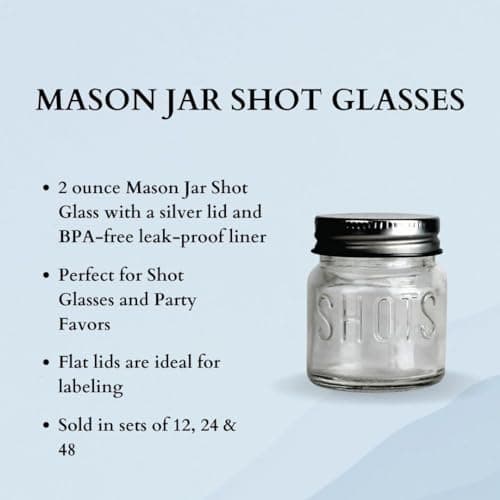 24-Pack Mason Jar Shot Glasses, 2 oz, Leak-Proof Lids, Ideal for Drinks, Favors, and Crafts