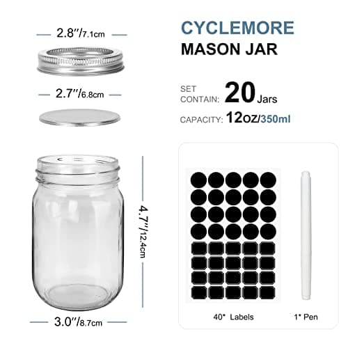 CycleMore 350ml Wide Mouth Glass Mason Jars, Silver Lids, Ideal for Honey, Jam, and Crafts
