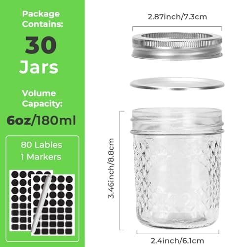 30 Pack CycleMore Wide Mouth Glass Jars, 6 oz Airtight Canisters for Jelly, Sauce, and Favors