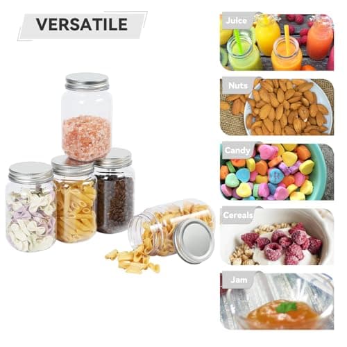 Novelinks 16 oz Clear Plastic Mason Jars with Silver Lids – Reusable Food Storage Containers with Lids, BPA-Free, Leakproof, Pantry and Kitchen Storage, DIY Crafts – 8 Pack