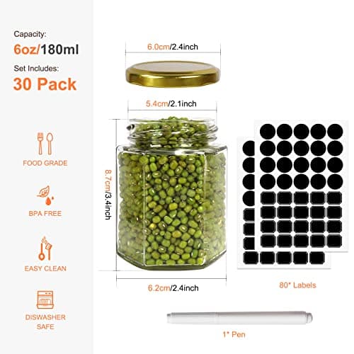 Betrome 30 Pack 6oz Hexagon Glass Jars with Gold Lids for Craft and Wedding Favors
Betrome 180ml Clear Glass Canning Jars with Gold Lids for Jams and Shower Favors
Betrome 30 Pack 6oz Hexagon Glass Jars with Gold Lids for Crafting and Kitchen Storage