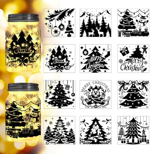 Reusable Forest Silhouette Jar Decals, 12Pcs DIY Craft Kit for Jars & Mason Can — Christmas Tree