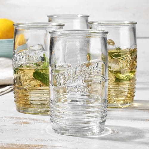 Glaver's Set of 8 20oz Vintage Mason Logo Stemless Tumbler Glasses for Bar and Everyday Use