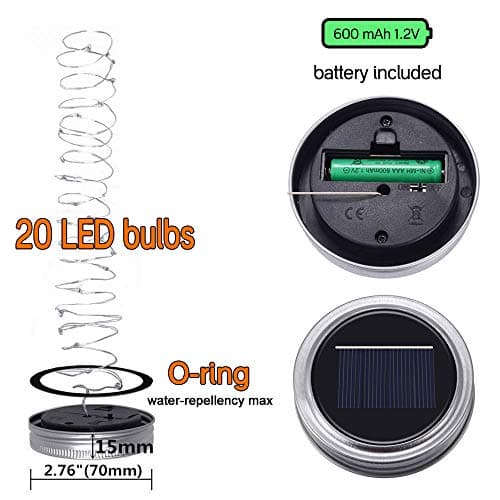 8 Pack 20 LED Waterproof Fairy Jar Lids String Lights - Warm White