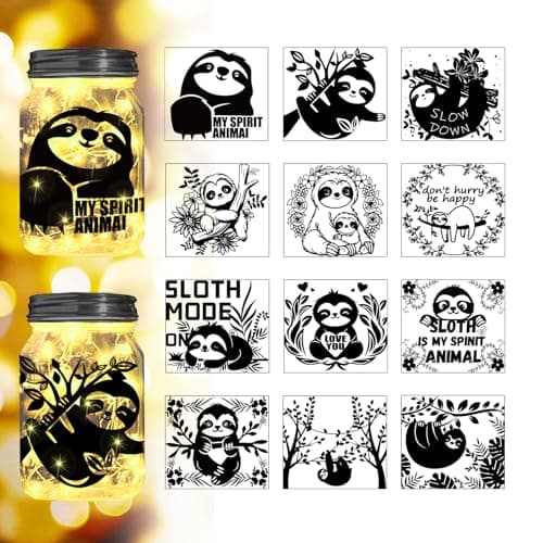 Reusable Forest Silhouette Jar Decals, 12Pcs DIY Craft Kit for Jars & Mason Can — Cute Sloth