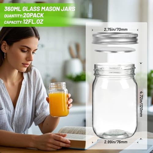 12 oz Glass Mason Jars With Lids 20 Pack for Jam and Fruit Storage
| Reusable 350ml Round Canning Jars With Silver Separable Lids for Honey and Beverages
| Mason Jars 12 fl. oz, Set of 20 for Wedding Favors and Gifts