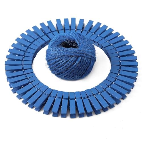 HSTECH 100pcs Mini Natural Wooden Clothespins & 82ft Jute Twine for Home Arts Crafts — Blue-100pcs