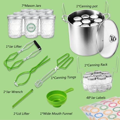 20 Quart Stainless Steel Water Bath Canner Kit with Rack & Jars & Accessories