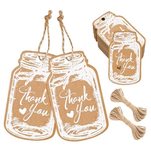 G2PLUS Kraft Paper Gift Tags, 100PCS Brown Hangtags for Canning Jars and Party Favors — Brown Bottle-white Thank You