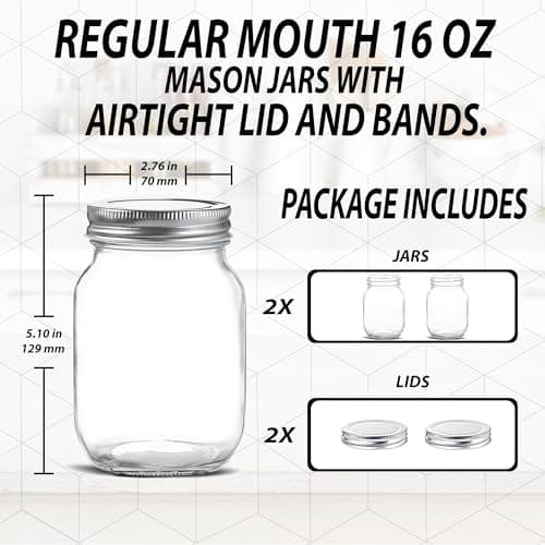 16 oz Clear Glass Jars with Silver Lids for Canning & Storage (2 PACK)