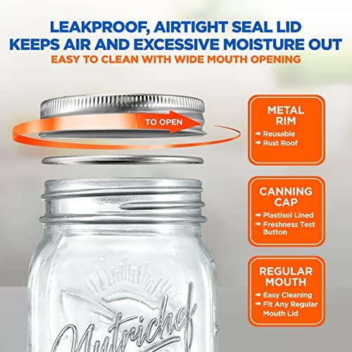 NutriChef 8-Pack 16 oz Mason Jars with Lids - Thick Glass Canning Jars