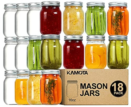 KAMOTA 16 oz Mason Jars, 18 Pack with Labels