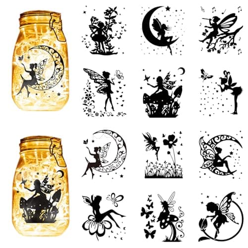 Cabin 12Pcs Fairy Silhouettes Mason Jar Decor Xmas Ornaments PVC Embellishment Black — Fairy Mushroom