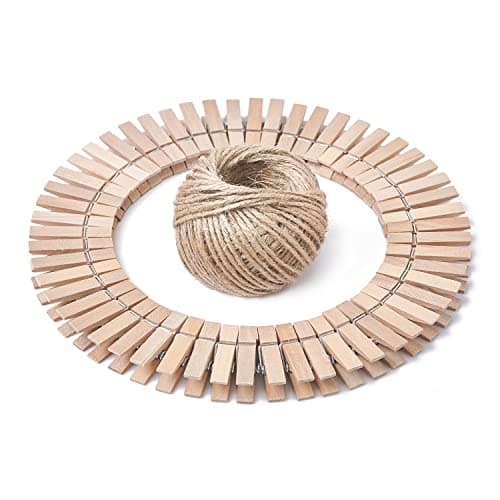 HSTECH 100pcs Mini Natural Wooden Clothespins & 82ft Jute Twine for Home Arts Crafts