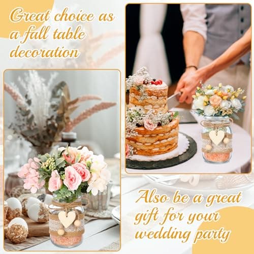 Mumufy 6 Sets Mason Jar Centerpieces with Lace & Heart Hemp Rope Decorations