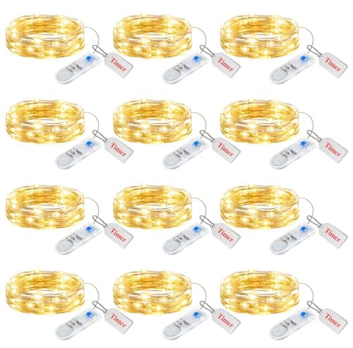 Minetom 12 Pack Waterproof Fairy Lights with Timer - 7ft LED Silver Wire Firefly Lights