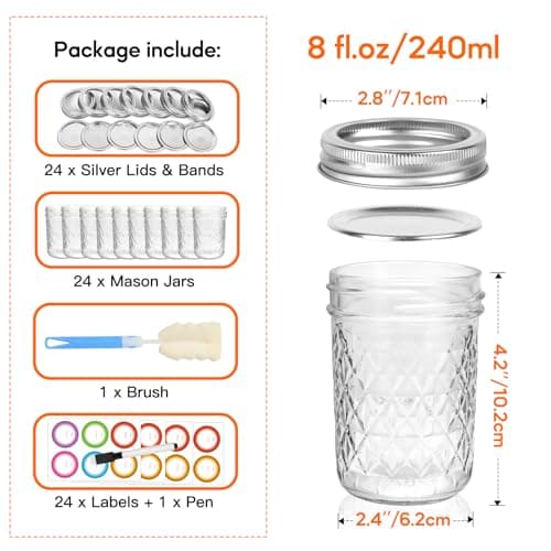 8oz Silver Lidded Mason Jars, 24Pack + Stickers - Half Pint Canning Jars