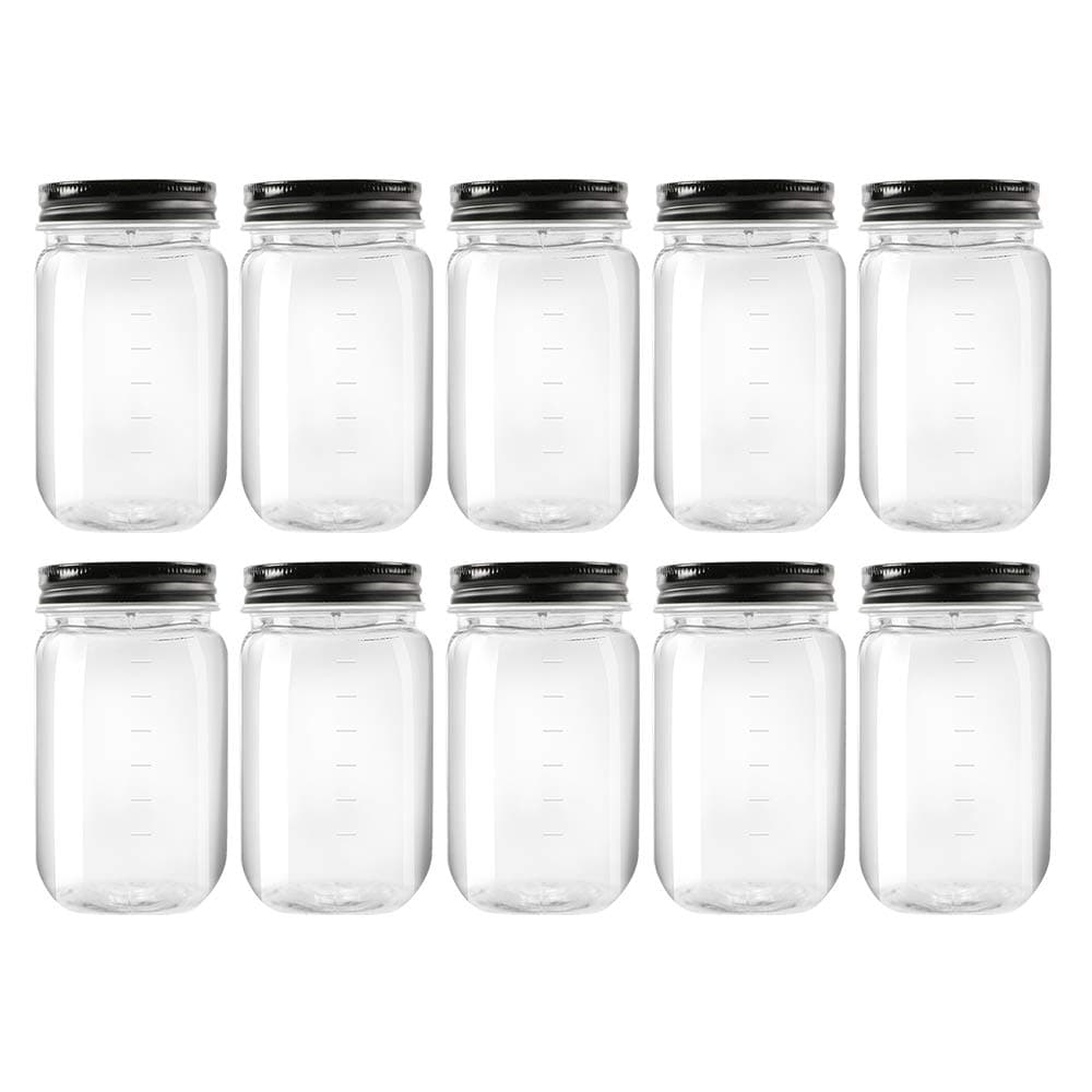 Novelinks 16 Ounce Clear Plastic Jars with Black Lids (10 Pack)