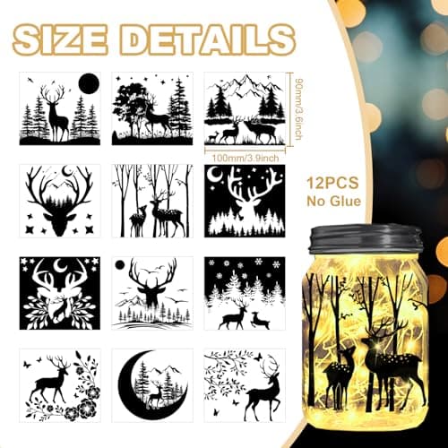 Wild Deer and Tree Silhouette Cutouts for Jars, 12Pcs Reusable Home Decor Kit