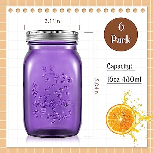Tessco Purple 16 oz Colored Mason Jars with Lids for Crafts & Storage