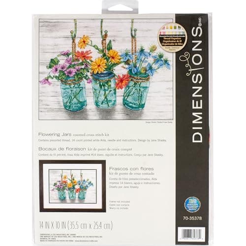 14 Count White Aida Dimensions Mason Jar Cross Stitch Kit, 18" x 7" — Flowers