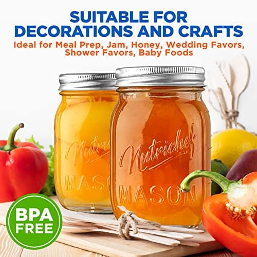 NutriChef 8-Pack 16 oz Mason Jars with Lids - Thick Glass Canning Jars