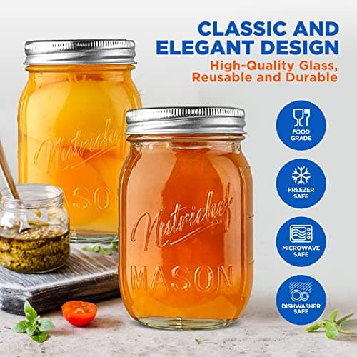 NutriChef 8-Pack 16 oz Mason Jars with Lids - Thick Glass Canning Jars