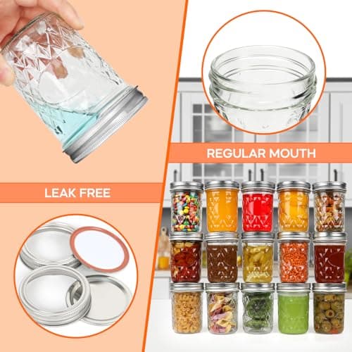 8oz Silver Lidded Mason Jars, 24Pack + Stickers - Half Pint Canning Jars