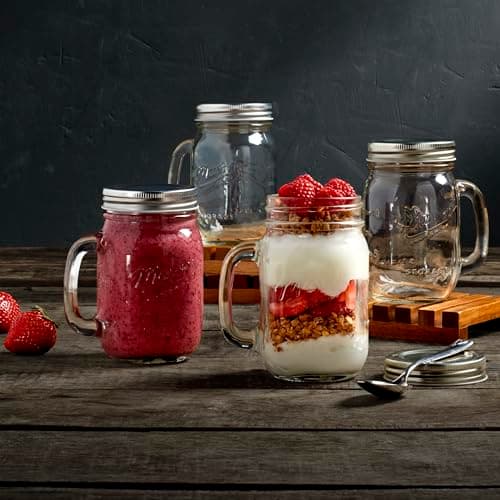 Mason Craft & More 8-Piece Glass Drinking Jars with Handles and Lids, 16 oz.