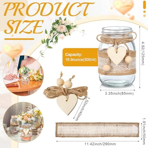 Mumufy 6 Sets Mason Jar Centerpieces with Lace & Heart Hemp Rope Decorations