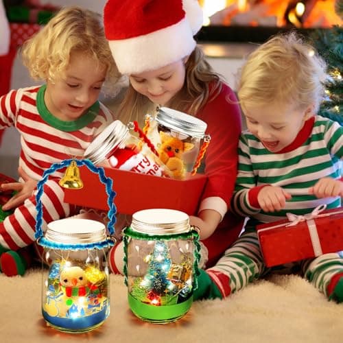 Christmas Crafts for Kids Ages 3-12: 4-Pack Mason Jar Kits for DIY Lanterns and Holiday Party Favors