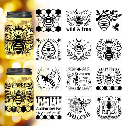 Reusable Forest Silhouette Jar Decals, 12Pcs DIY Craft Kit for Jars & Mason Can — Bee