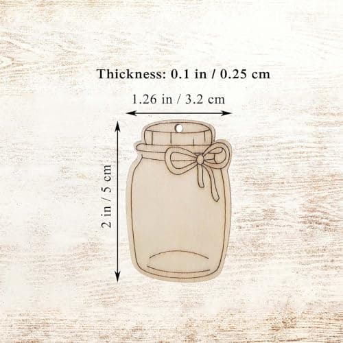 50pcs Mini Wood Mason Jar Cutouts with Hole Hemp Ropes for Decorations
