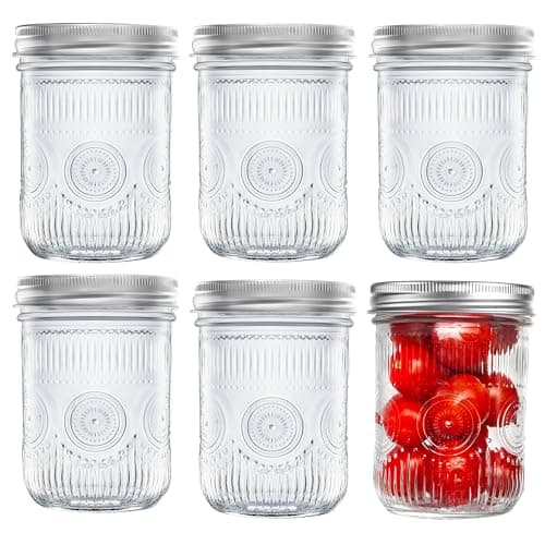 Amzcku 16oz Vintage Mason Jars with Lids, Wide Mouth for Storage, Canning & More (6 Pack)