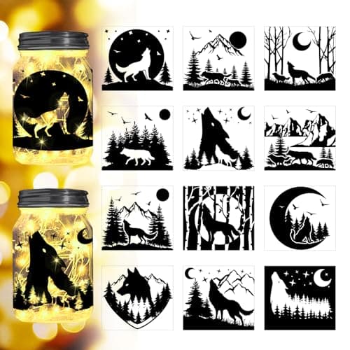 Reusable Forest Silhouette Jar Decals, 12Pcs DIY Craft Kit for Jars & Mason Can — Forest Wolf