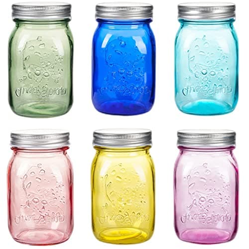 Amzcku 16 oz Colored Mason Jars, 6 Pack Multifunction Glass Containers