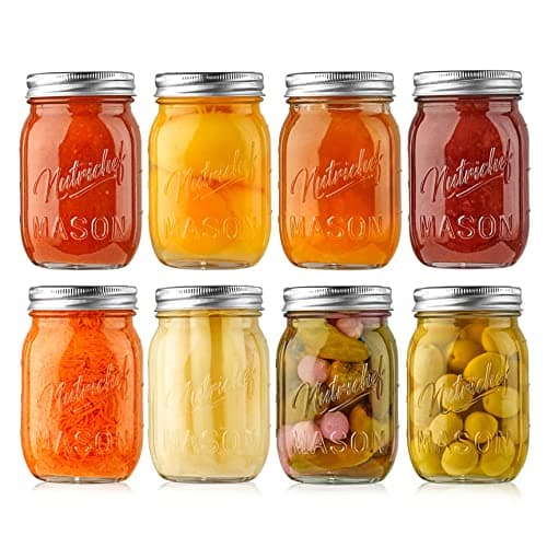 NutriChef 8-Pack 16 oz Mason Jars with Lids - Thick Glass Canning Jars