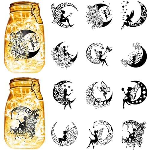 Cabin 12Pcs Fairy Silhouettes Mason Jar Decor Xmas Ornaments PVC Embellishment Black — Fairy Angel Moon 12pcs