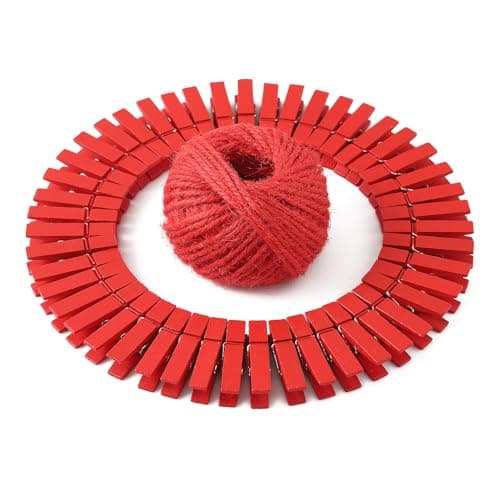HSTECH 100pcs Mini Natural Wooden Clothespins & 82ft Jute Twine for Home Arts Crafts — Red-100pcs