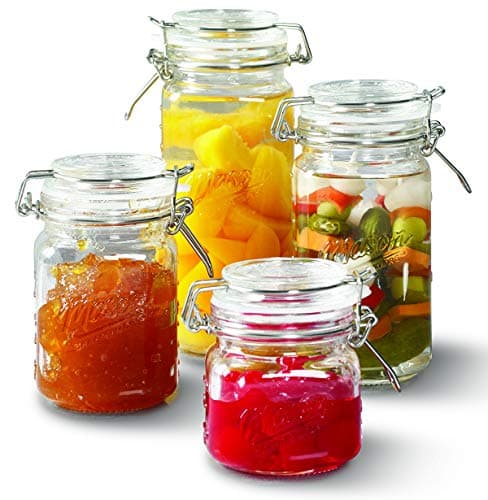 Mason Craft & More Airtight Kitchen Food Storage Clear Glass Clamp Jars, 4 Piece Mini Clamp Preserving Jar Set