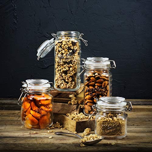 Mason Craft & More Airtight Kitchen Food Storage Clear Glass Clamp Jars, 4 Piece Mini Clamp Preserving Jar Set