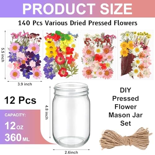 140 Pcs Natural Real Pressed Flowers Mason Jar Lanterns for Christmas Weddings